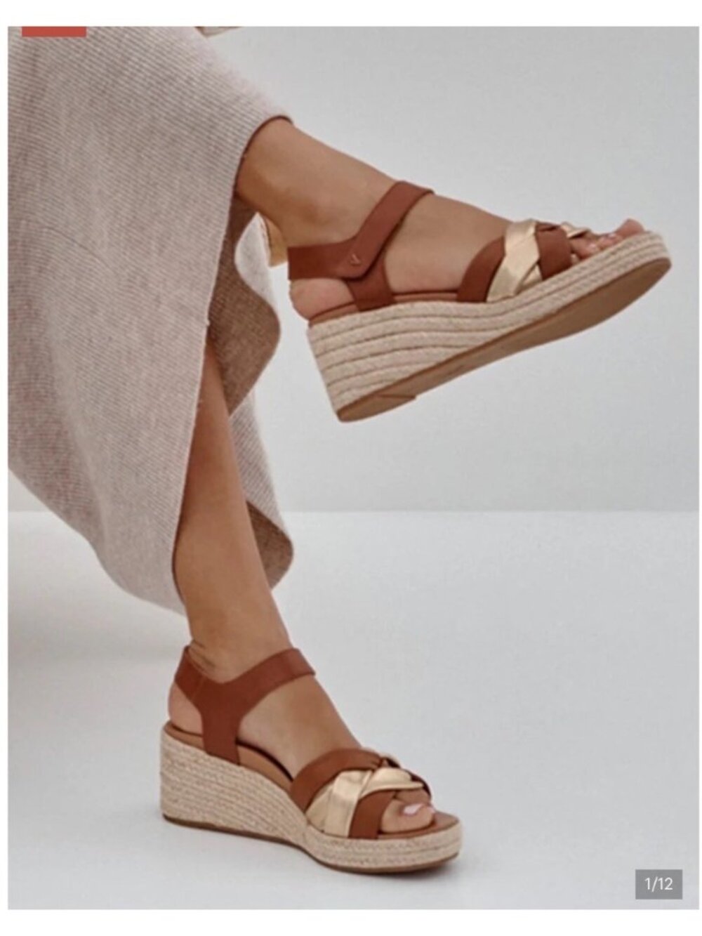 Vionic Saratoga Espadrille Leather Wedge Sandals Tan & Gold Womens 6.5